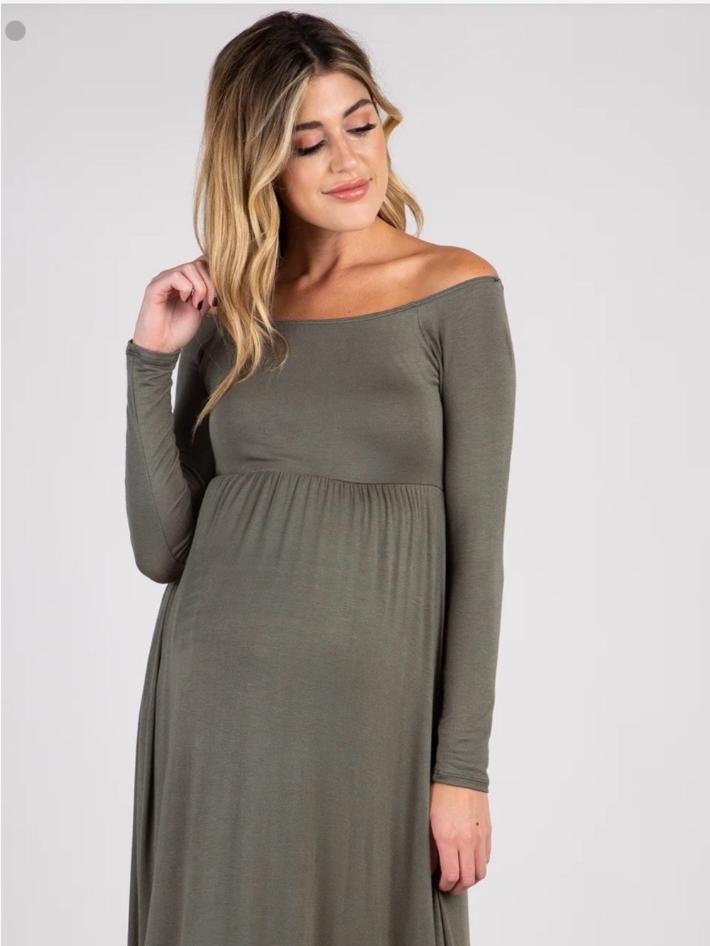 Pinkblush Olive Off Shoulder Long Sleeve Maxi Maternity Dress (retails $79) - Picture 5 of 5